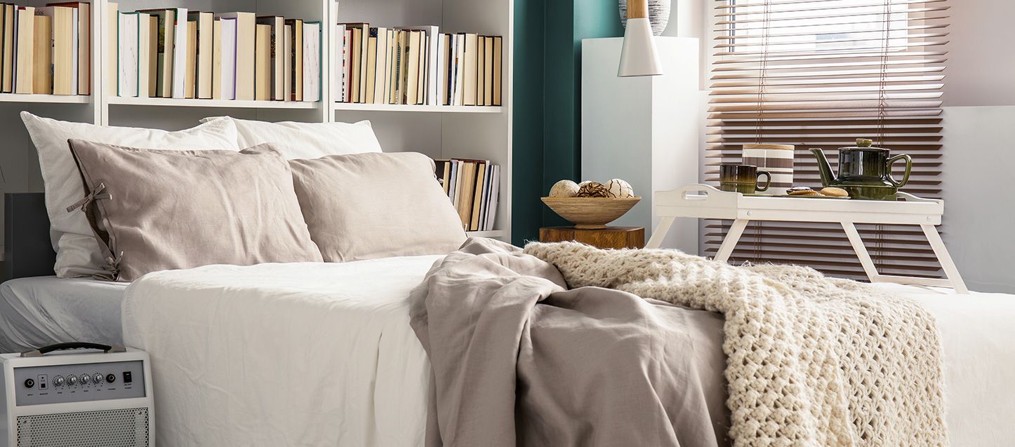 habitacion de invitados con estanterias con libros, mesa con desayuno y mesita con cuenco decorativo